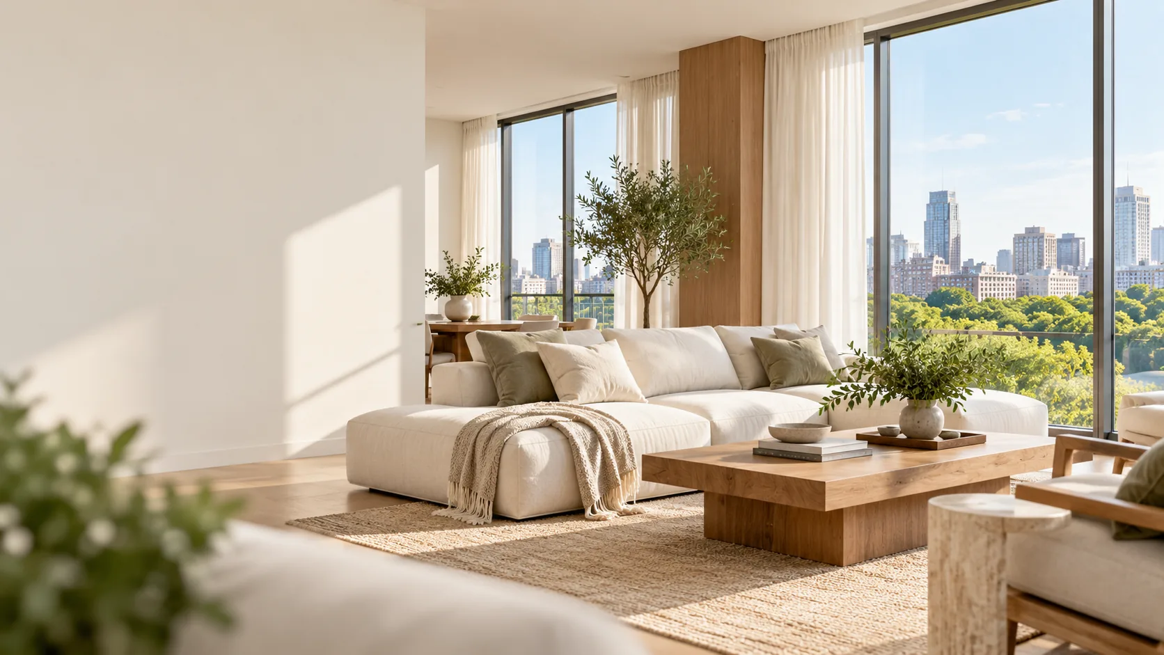 Sala contemporânea clara, com sofá, mesa de madeira e grandes janelas